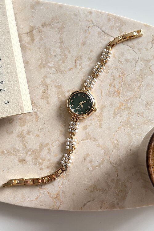 Vella Yeşil Kadran İncili Metal Kordon Kadın Kol Saati