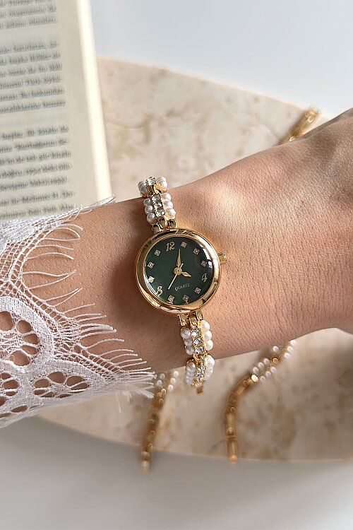 Vella Yeşil Kadran İncili Metal Kordon Kadın Kol Saati - 3