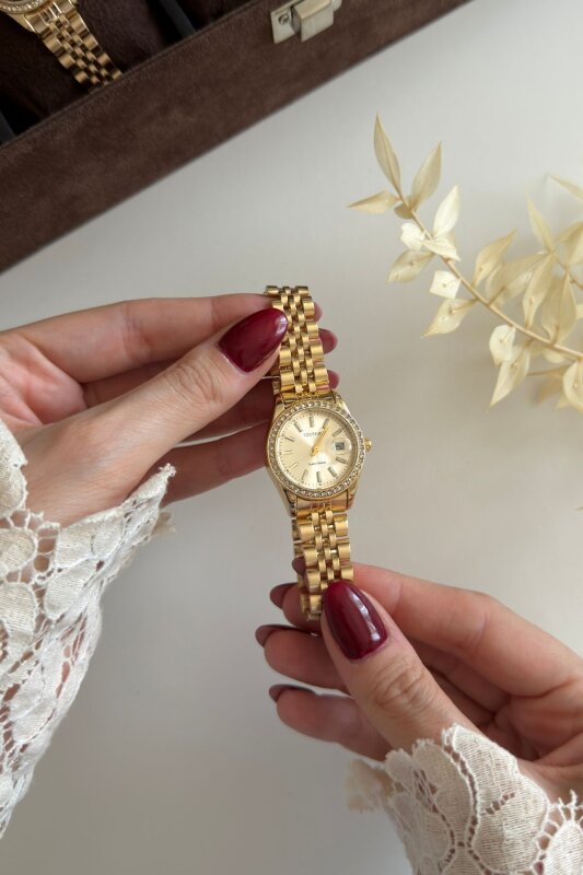 Vellney Gold Kadran Swaroski Taşlı Kadın Kol Saati (1)