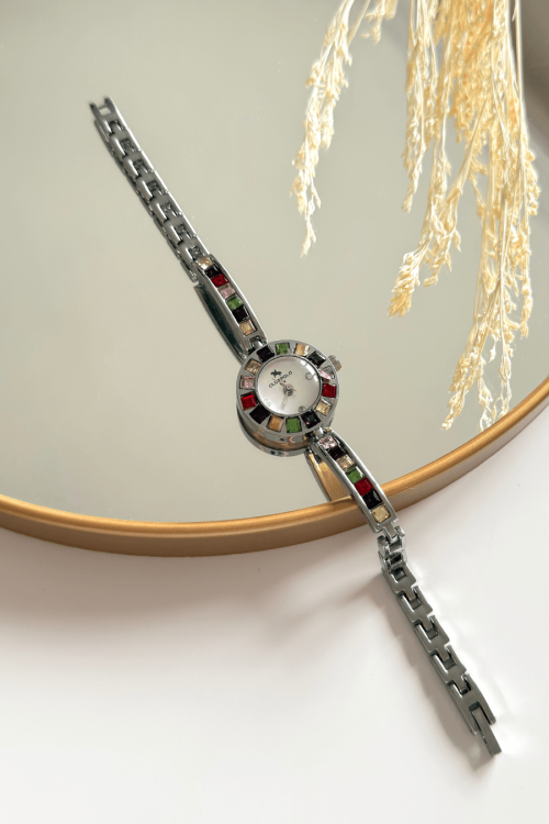 Verina Renkli Taşlı Kadran Silver Çelik Kordon Kadın Kol Saati