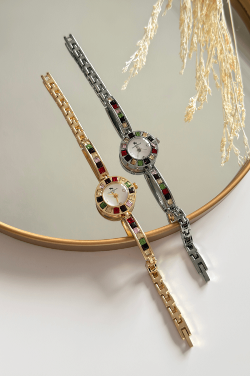 Verina Renkli Taşlı Kadran Gold Çelik Kordon Kadın Kol Saati (1)