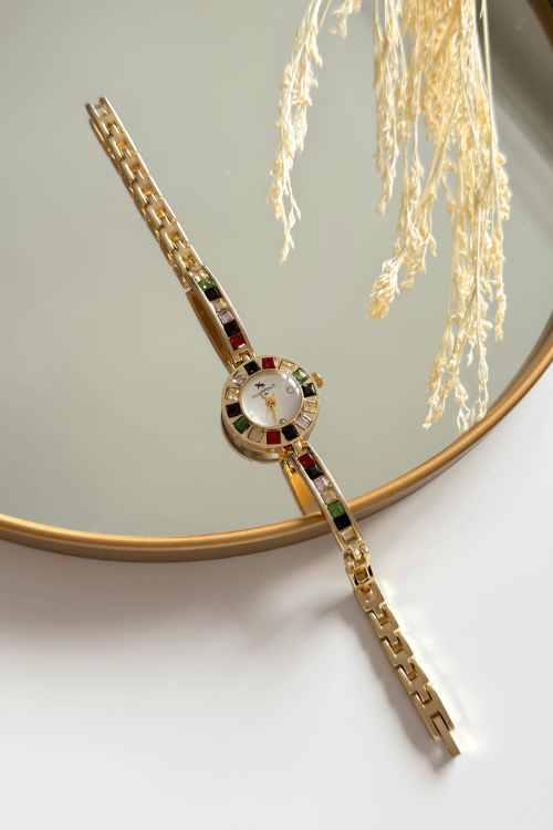 Verina Renkli Taşlı Kadran Gold Çelik Kordon Kadın Kol Saati