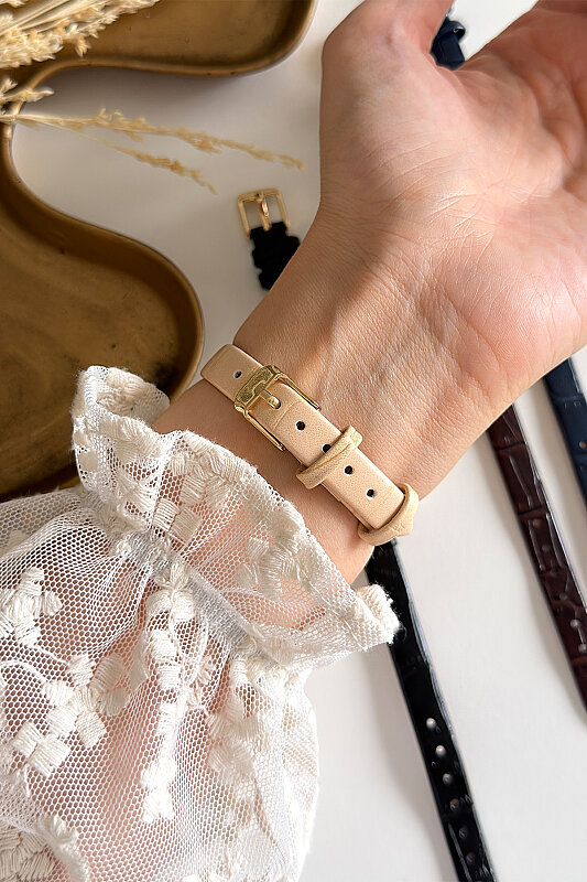 Vesa Gold Kadran Bej Deri Dokulu Kordon Kadın Kol Saati - 3