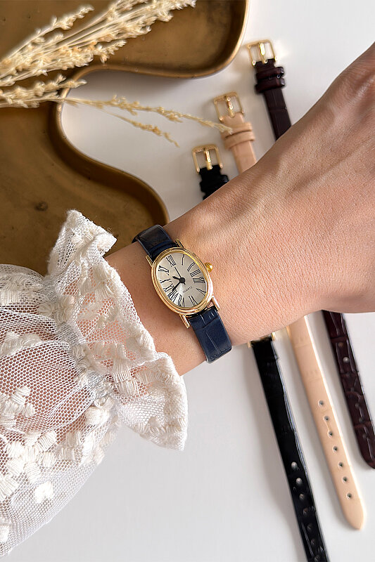 Vesa Gold Kadran Lacivert Deri Dokulu Kordon Kadın Kol Saati - 1