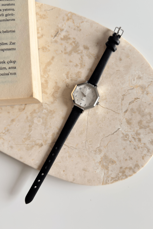 Vexa Siyah Silver Kadran Deri Kordon Kadın Kol Saati