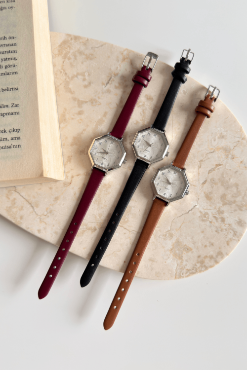 Vexa Siyah Silver Kadran Deri Kordon Kadın Kol Saati (1)