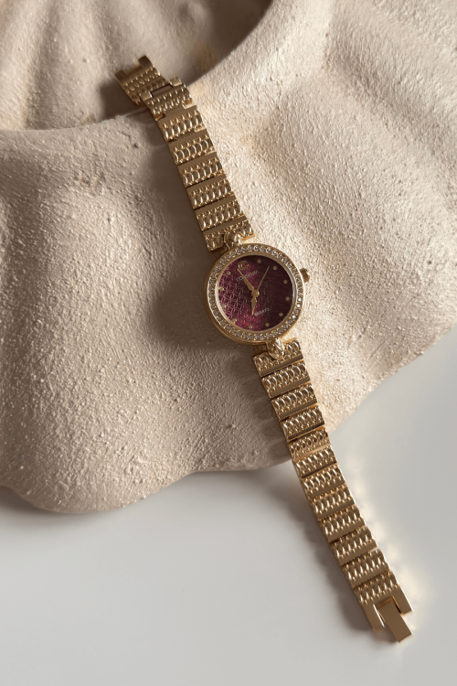 Viral Bordo Kadran Gold Çelik Kordon Kadın Kol Saati