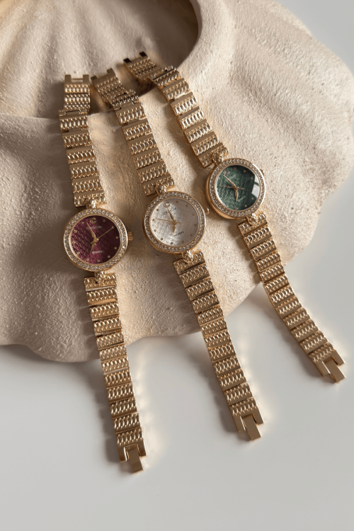 Viral Bordo Kadran Gold Çelik Kordon Kadın Kol Saati (1)