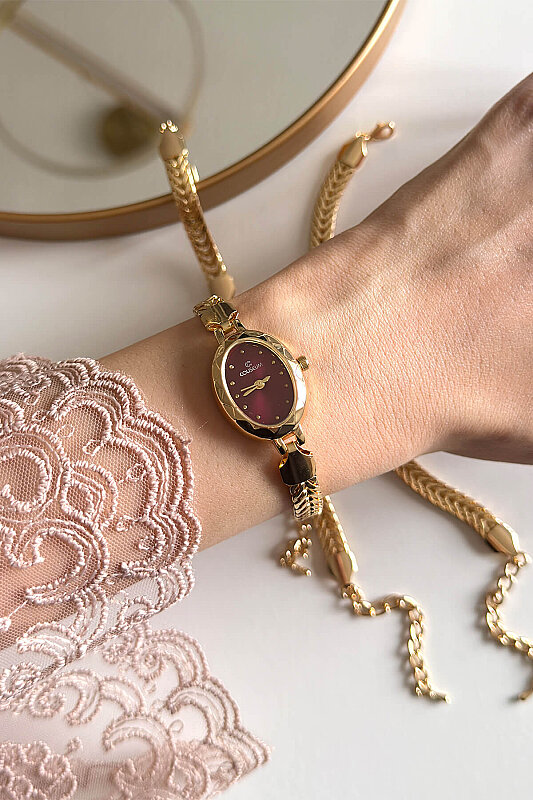 Zora Bordo Kadran Gold Balıksırtı Kordon Kadın Kol Saati 