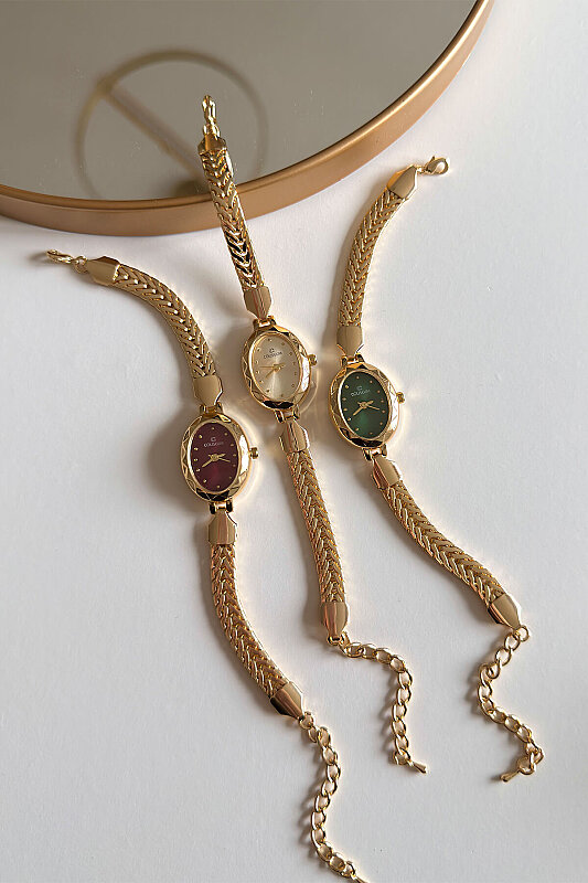 Zora Bordo Kadran Gold Balıksırtı Kordon Kadın Kol Saati - 2